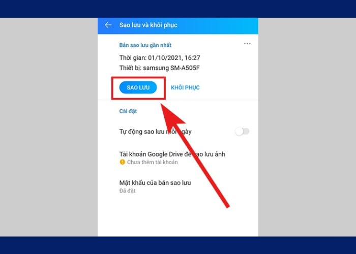 Chọn “Sao lưu” để tiến hành sao lưu tin nhắn