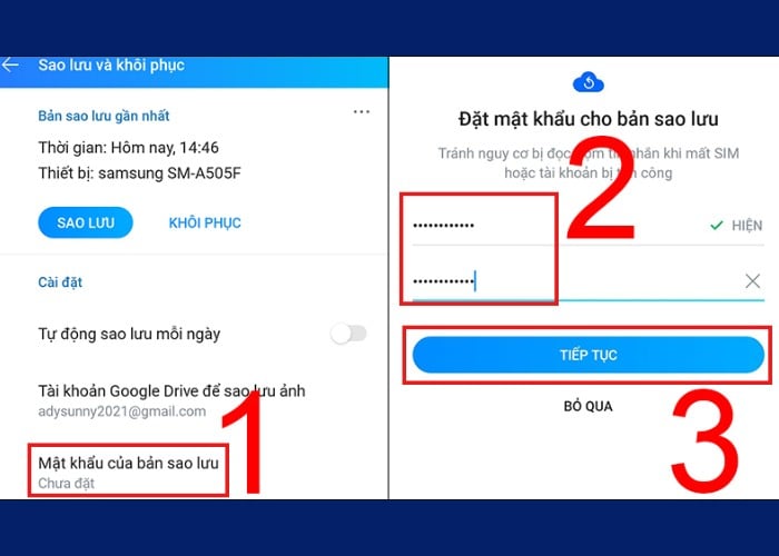Nhấn chọn “Mật khẩu của bản sao lưu” rồi nhập