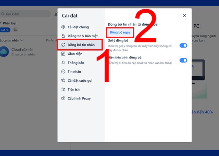 Nhấn "Đồng Bộ Tin Nhắn" sau đó chọn "Đồng Bộ Ngay"