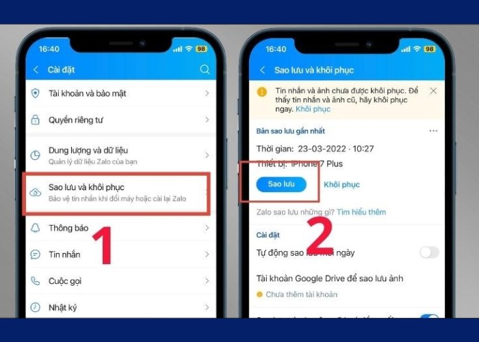 Chọn "Sao lưu và khôi phục" tiếp tục nhấn "Sao lưu"