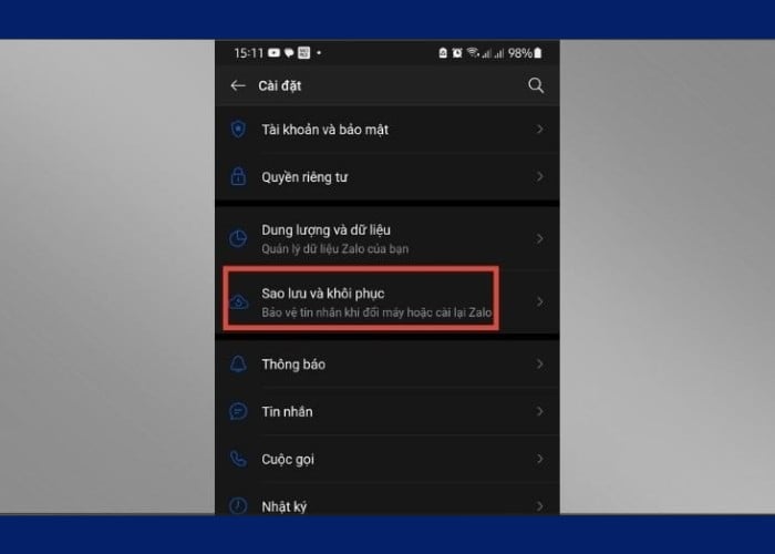 Mở “Cài đặt” tiếp tục chọn “Sao lưu và khôi