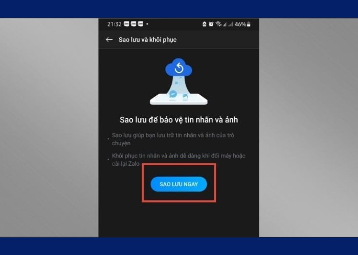 Chọn “Sao lưu ngay“ để bắt đầu quá trình