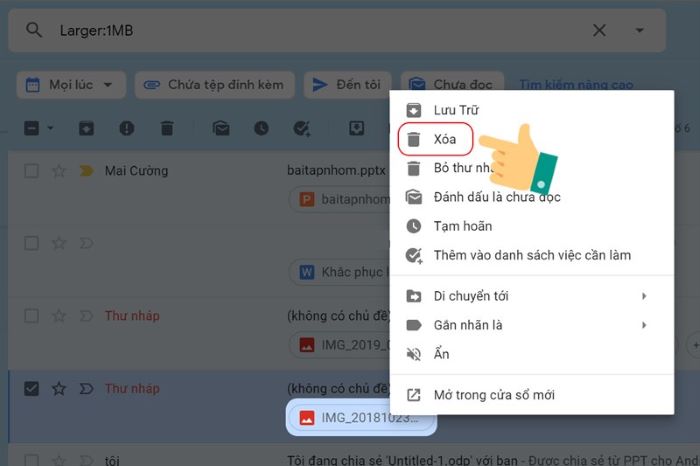 Xóa email chứa tệp có dung lượng lớn