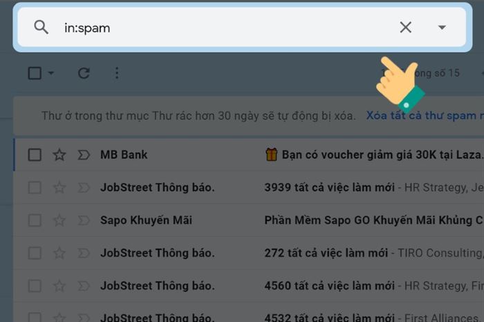Nhập lệnh “in:spam”