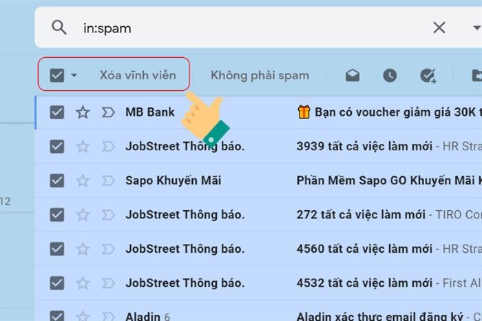 Chọn tất cả thư > “Xóa vĩnh viễn”