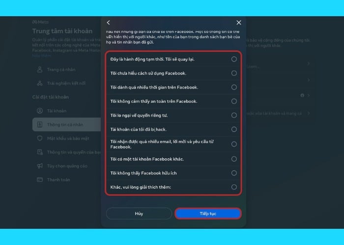 Chọn lý do muốn tạm thời khóa tài khoản Facebook