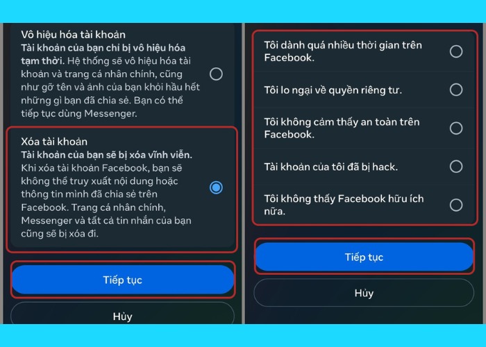 Chọn “Xóa tài khoản” sau đó chọn lý do