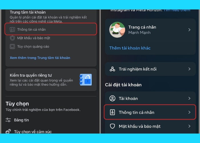Chọn “Thông tin cá nhân” tiếp tục nhấn “Thông tin