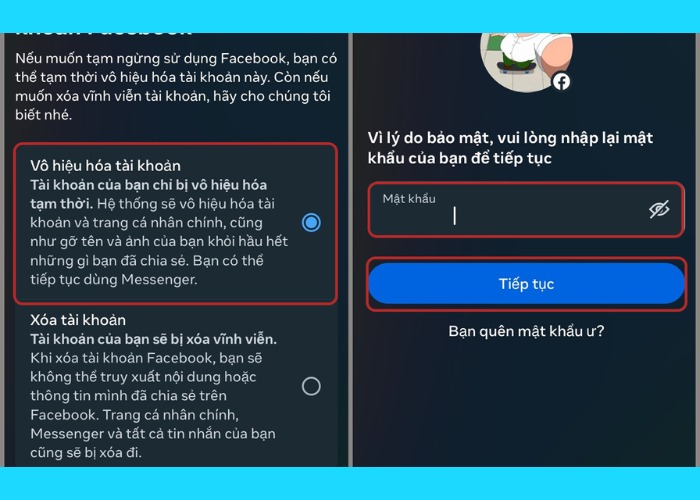 Chọn “Vô hiệu hóa tài khoản” tiếp tục nhập mật