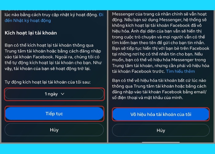 Nhấn “Tiếp tục” sau đó chọn "Vô hiệu hóa tài