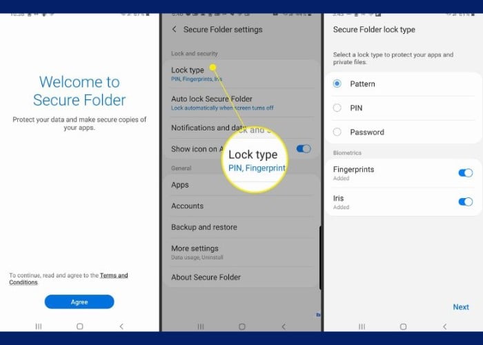 Chọn “Kiểu khóa” tiếp tục nhấn chọn “Bảo mật vân tay”