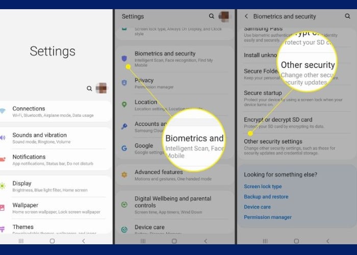 Chọn “Màn hình khóa và bảo mật” sau đó nhấn “Các