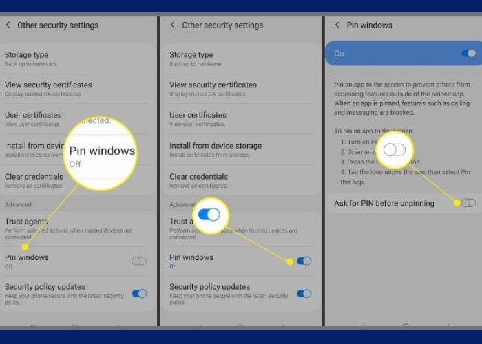 Gạt nút “Yêu cầu mã PIN” trước khi bỏ ghim