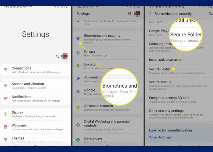 Chọn “Màn hình khóa và bảo mật” để vào “Thư mục