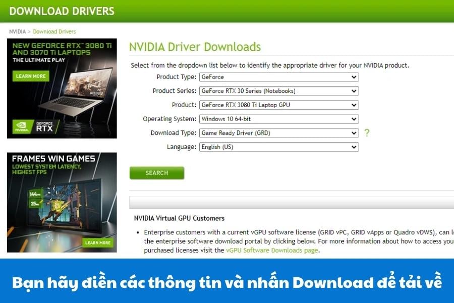 Tải driver từ trang web chính thức của Nvidia