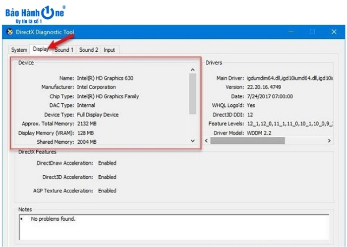 Vào tab "Display" trong DirectX Diagnostic Tool