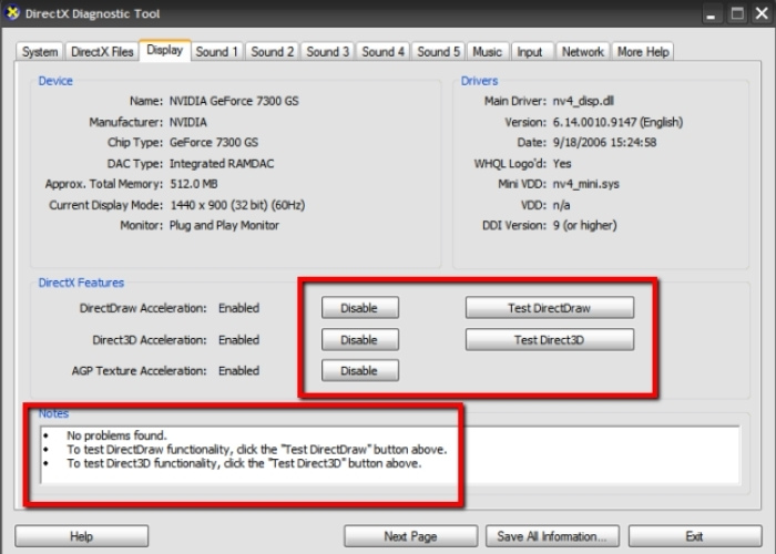 Test card màn hình bằng cách nhấn "Test Direct3D" hoặc "Test