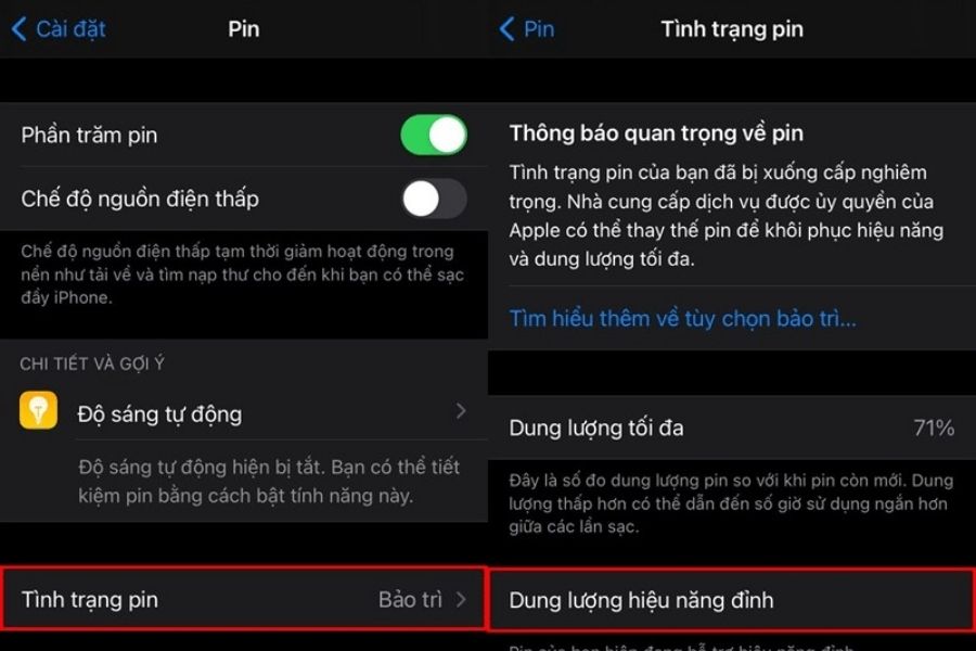 Kiểm tra thông số tình trạng pin và dung lượng