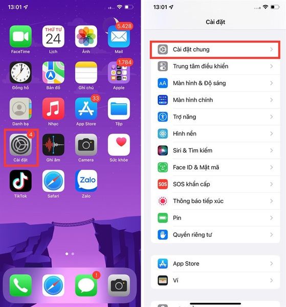 Truy cập "Cài đặt"&nbsp;-> "Cài đặt chung"