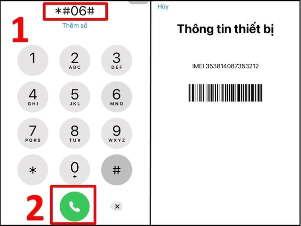 Vào "Điện thoại" -> nhấn "*#06#" -> mã IMEI iPhone