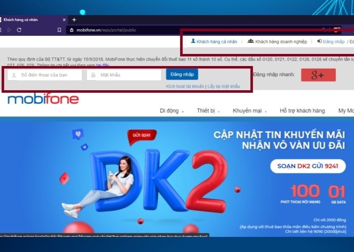 Đăng nhập vào trang chủ Mobifone