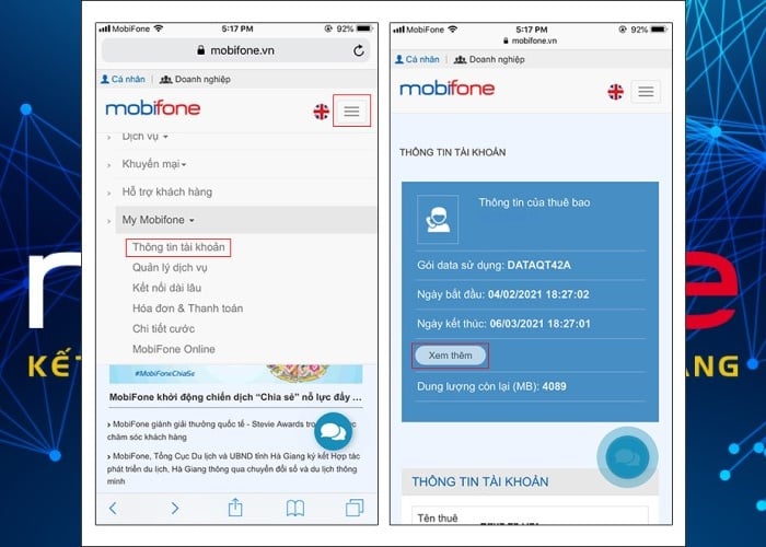 Chọn “My Mobifone” sau đó chọn mục "Thông tin tài