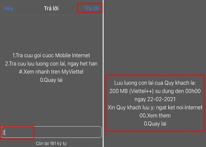 Nhấn "Gửi" để xem lưu lượng data còn lại