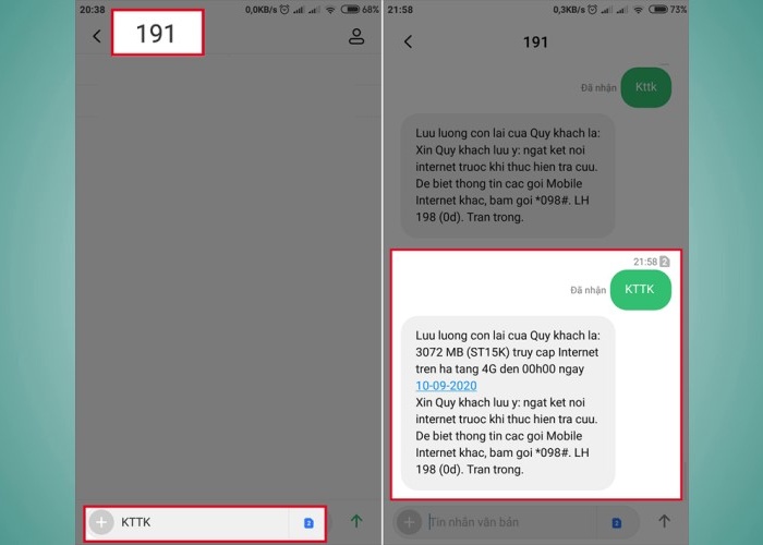Nhập "KTTK" sau đó nhấn gửi 191