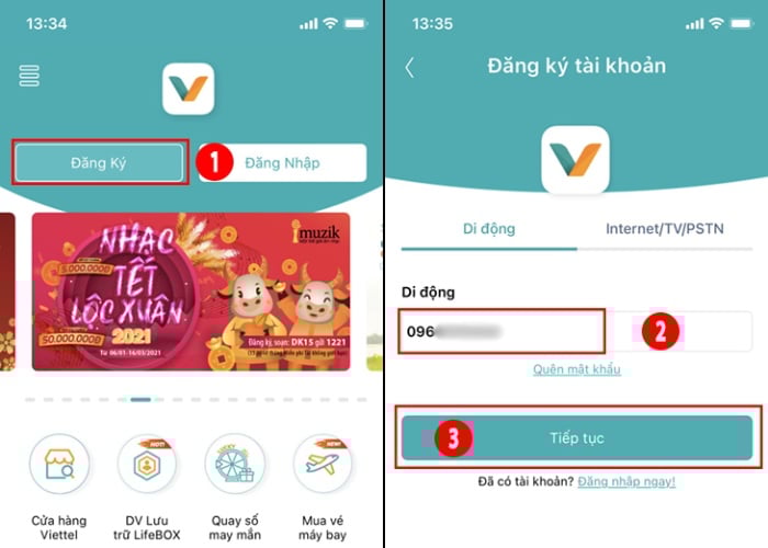 Chọn mục "Đăng ký" trên màn hình nền