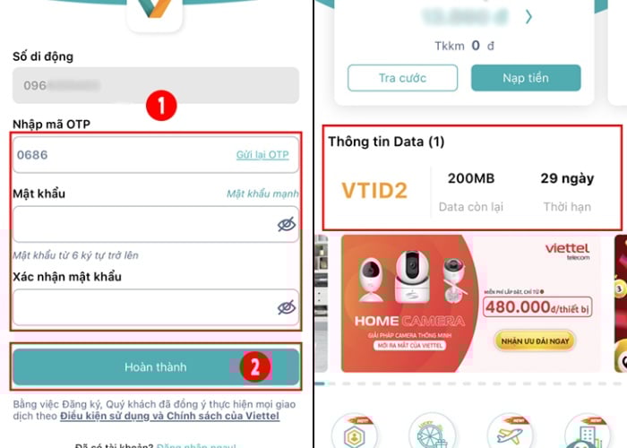 Nhập mã OTP từ tin nhắn của Viettel