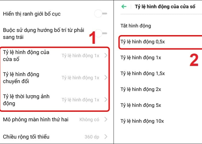 Thay đổi các tỷ lệ hình động khác nhau