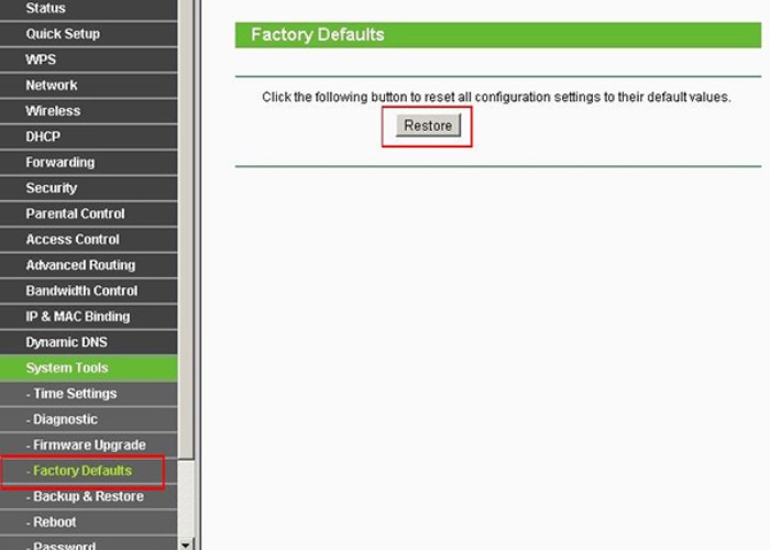 Tìm chức năng reset dưới "Administration" hoặc "System"