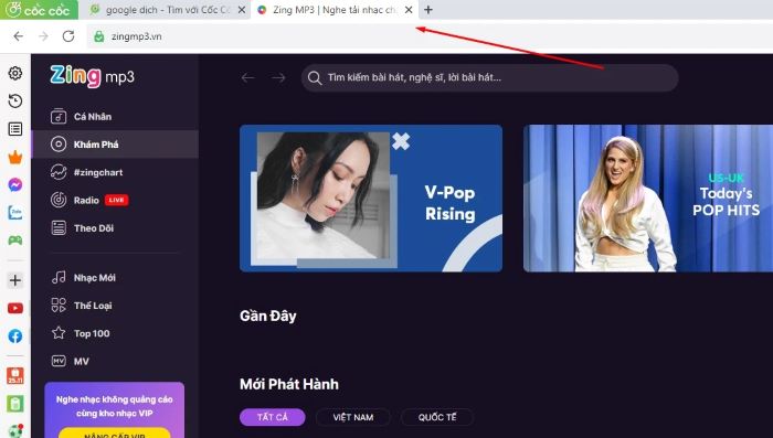 Truy cập website Zing MP3 bằng Cốc Cốc