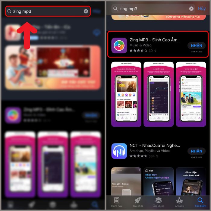 Tìm ứng dụng Zing MP3 > chọn “Nhận”
