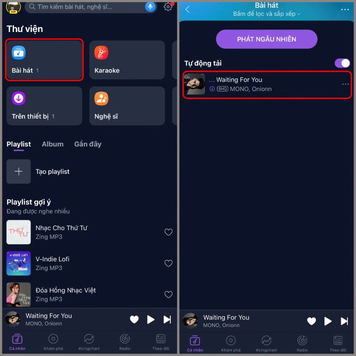Chọn mục “Bài hát” để nghe các bài hát đã tải xuống