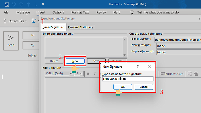 Chọn “New” > đặt tên cho chữ ký để lưu lại