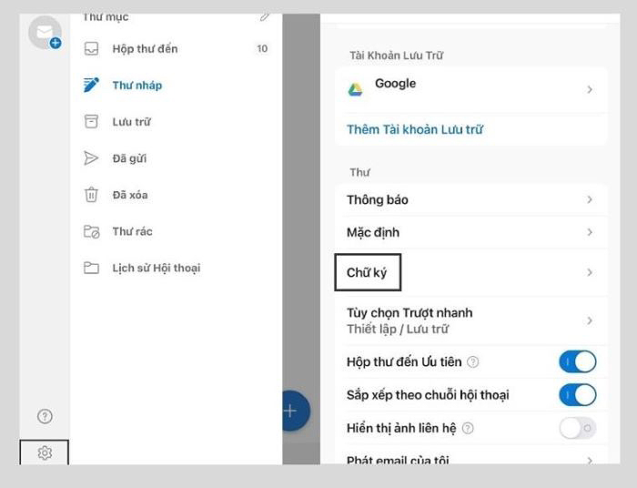 Chọn biểu tượng hình răng cưa > chọn “Chữ ký”