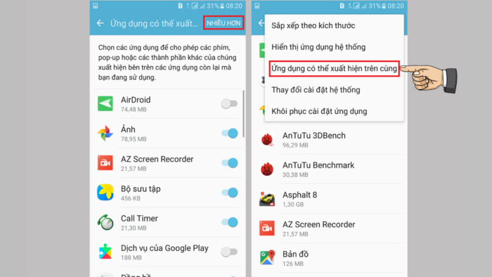 Chọn “Nhiều hơn” > chọn “Ứng dụng có thể xuất hiện trên cùng”