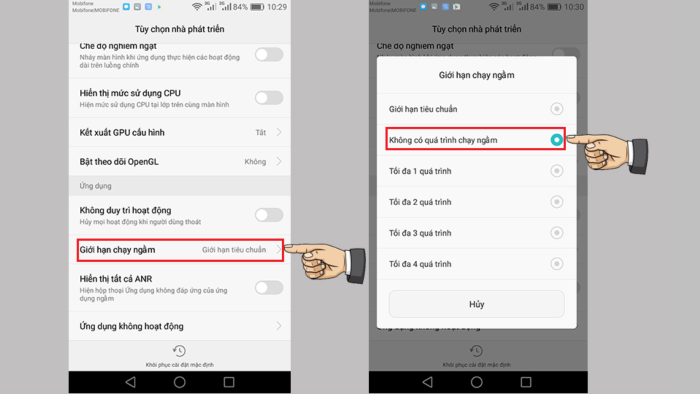 Chọn “Giới hạn chạy ngầm” > “Không có quá trình chạy ngầm”