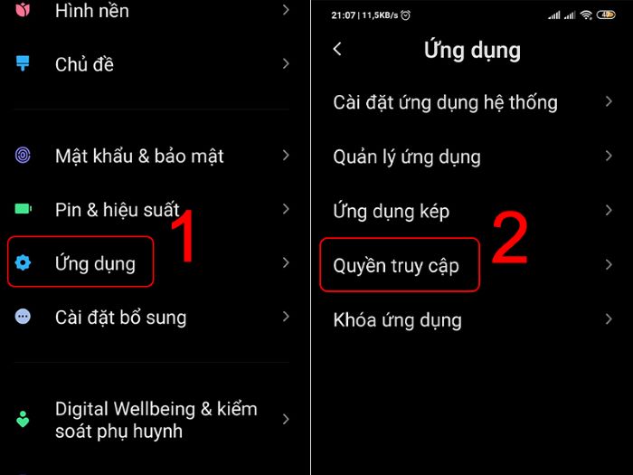 Vào “Cài đặt” > “Ứng dụng” > “Quyền truy cập