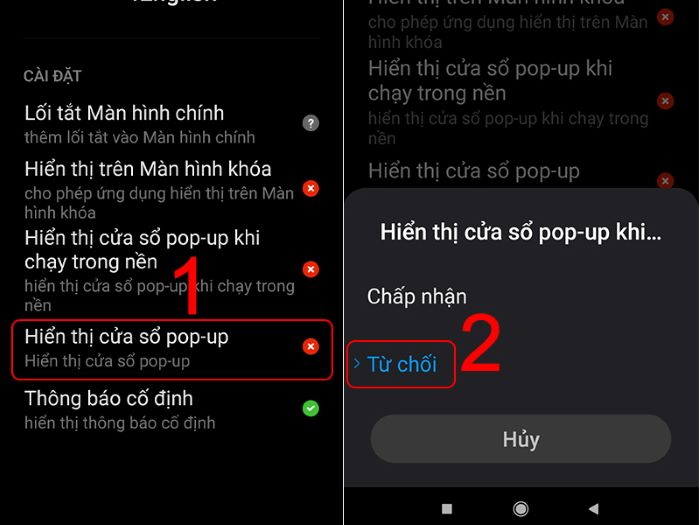 Chọn “Hiển thị cửa sổ pop-up” > chọn “Từ chối”