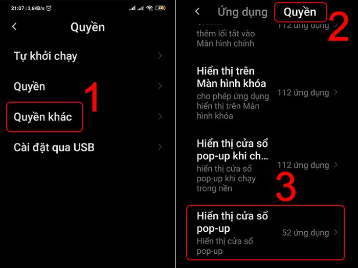 Chọn “Quyền khác” > chọn tab “Quyền” > “Hiển thị cửa sổ pop-up”