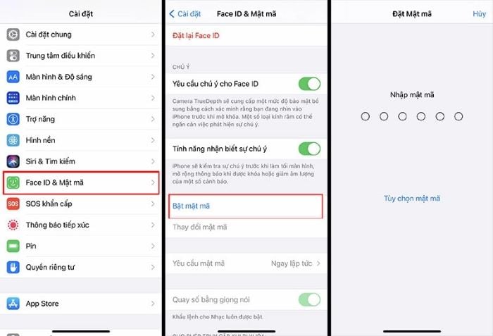 Cài đặt > chọn Face ID & Mật mã > Bật mật mã