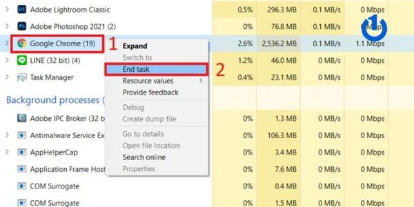 Chọn “End task” để tắt ứng dụng