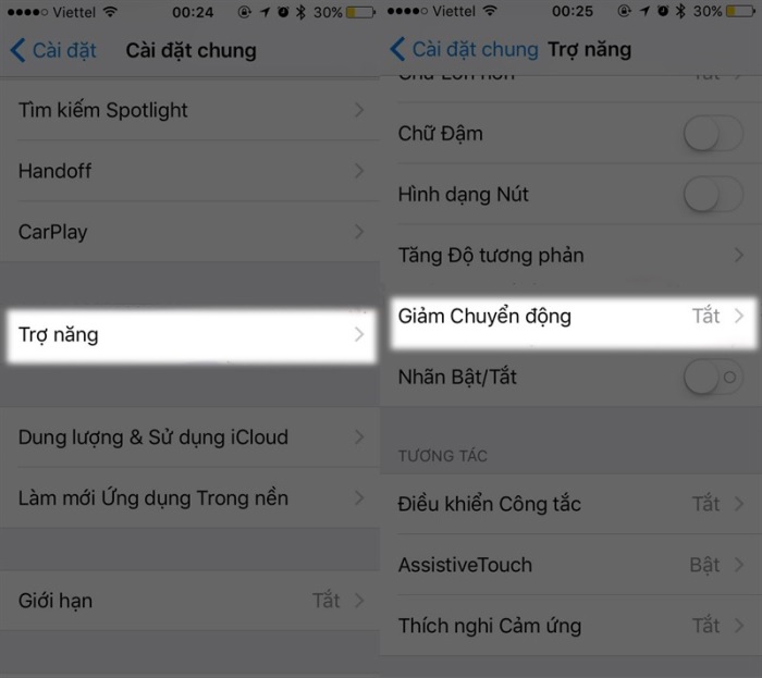 Cài đặt giảm chuyển động