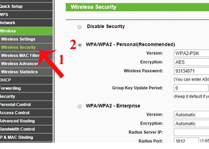 Truy cập vào mục "Wireless" để chọn "Wireless Security"