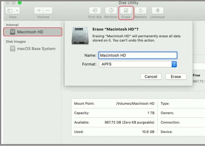 Chọn ổ cứng Macintosh HD sau đó chọn "Erase"
