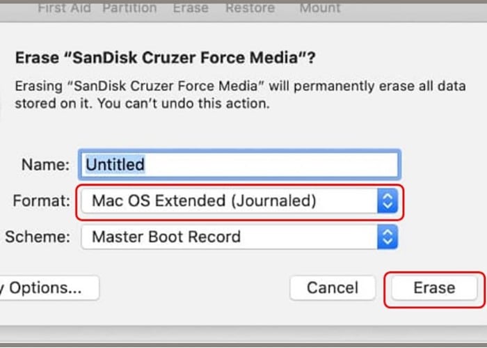Chọn định dạng là "Mac OS Extended (Journaled)" sau đó