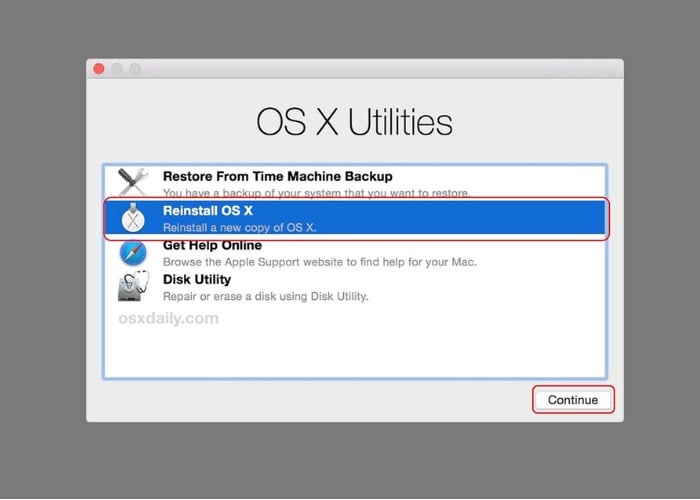 Chọn "Reinstall macOS" sau đó nhấn "Continue"