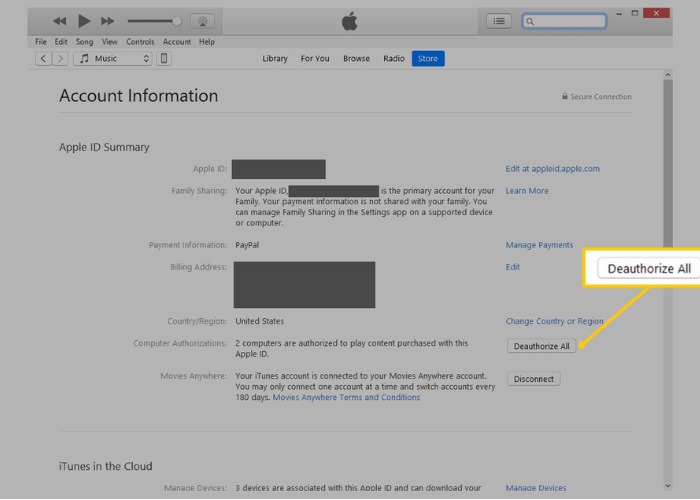 Nhấn "Deauthorize" để hoàn tất việc đăng xuất iTunes